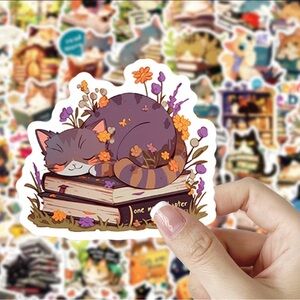50 Cute Cat Stickers with Flowers and Books